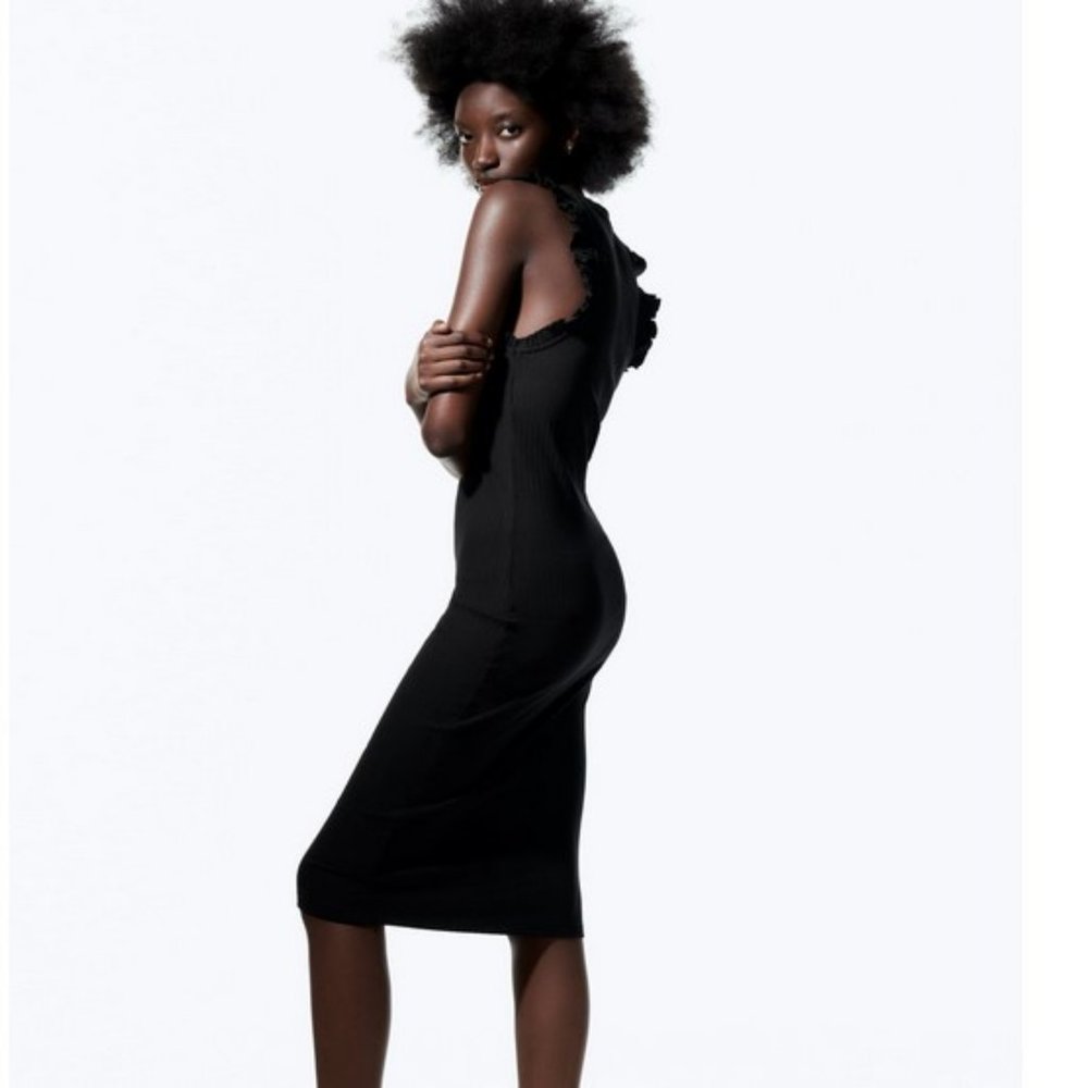 NEW Zara Ruffled Rib Dress Size XL Black - Picture 3 of 6